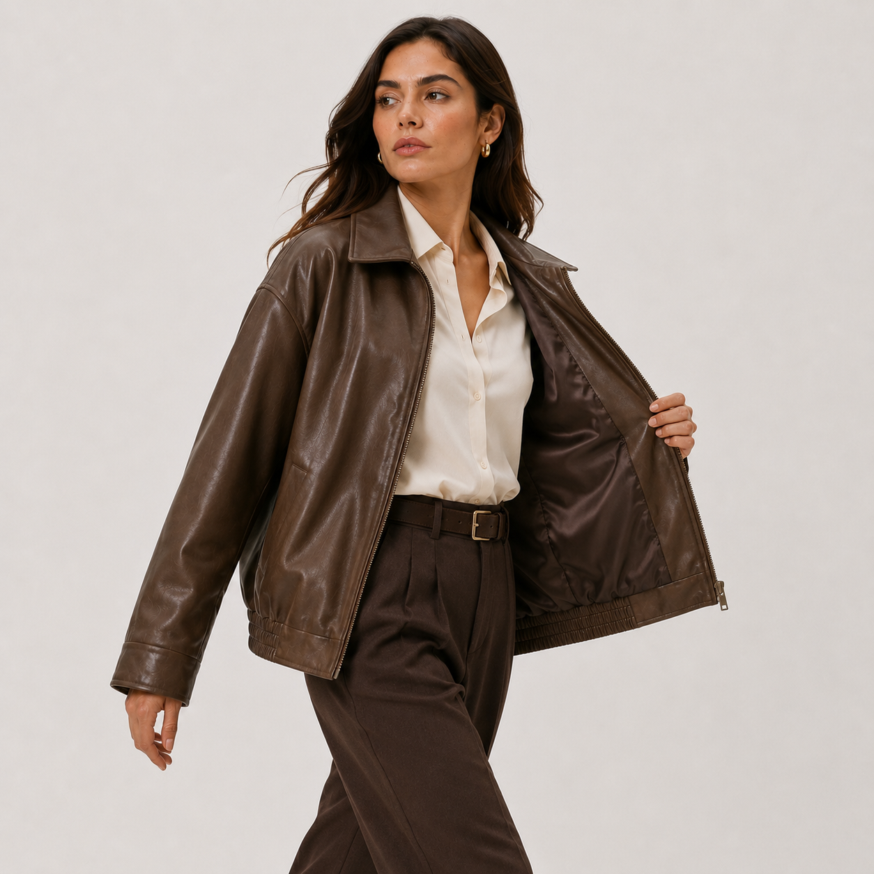 Relaxed Leather Look Jacket, Zip Front Classic Collar