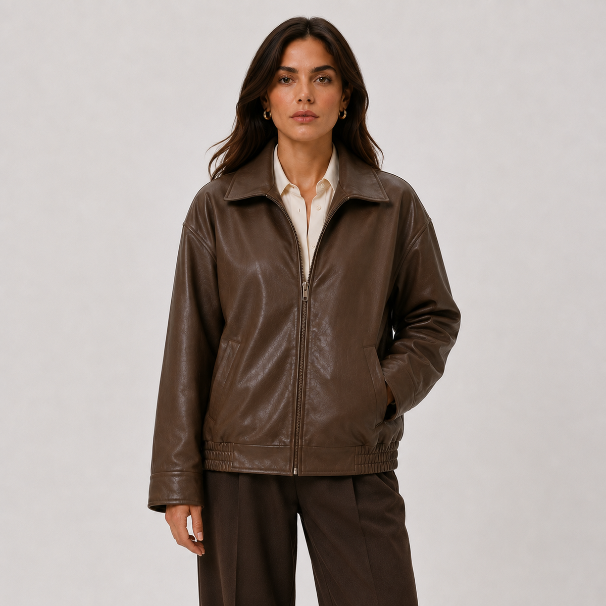 Relaxed Leather Look Jacket, Zip Front Classic Collar