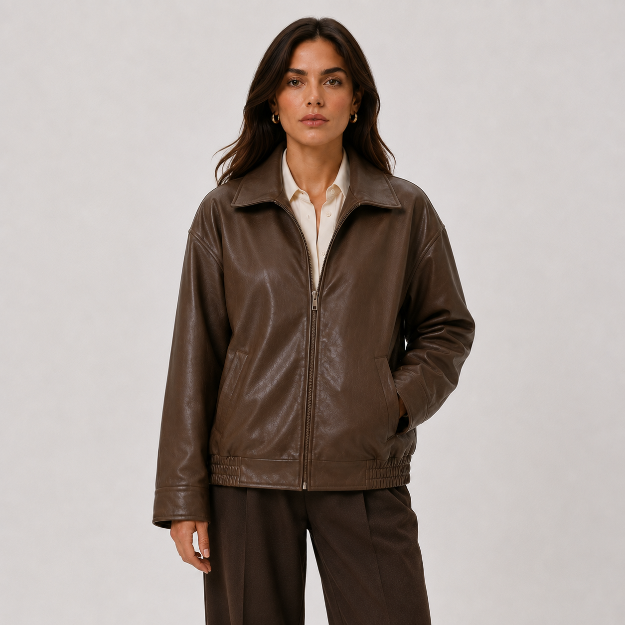 Relaxed Leather Look Jacket, Zip Front Classic Collar