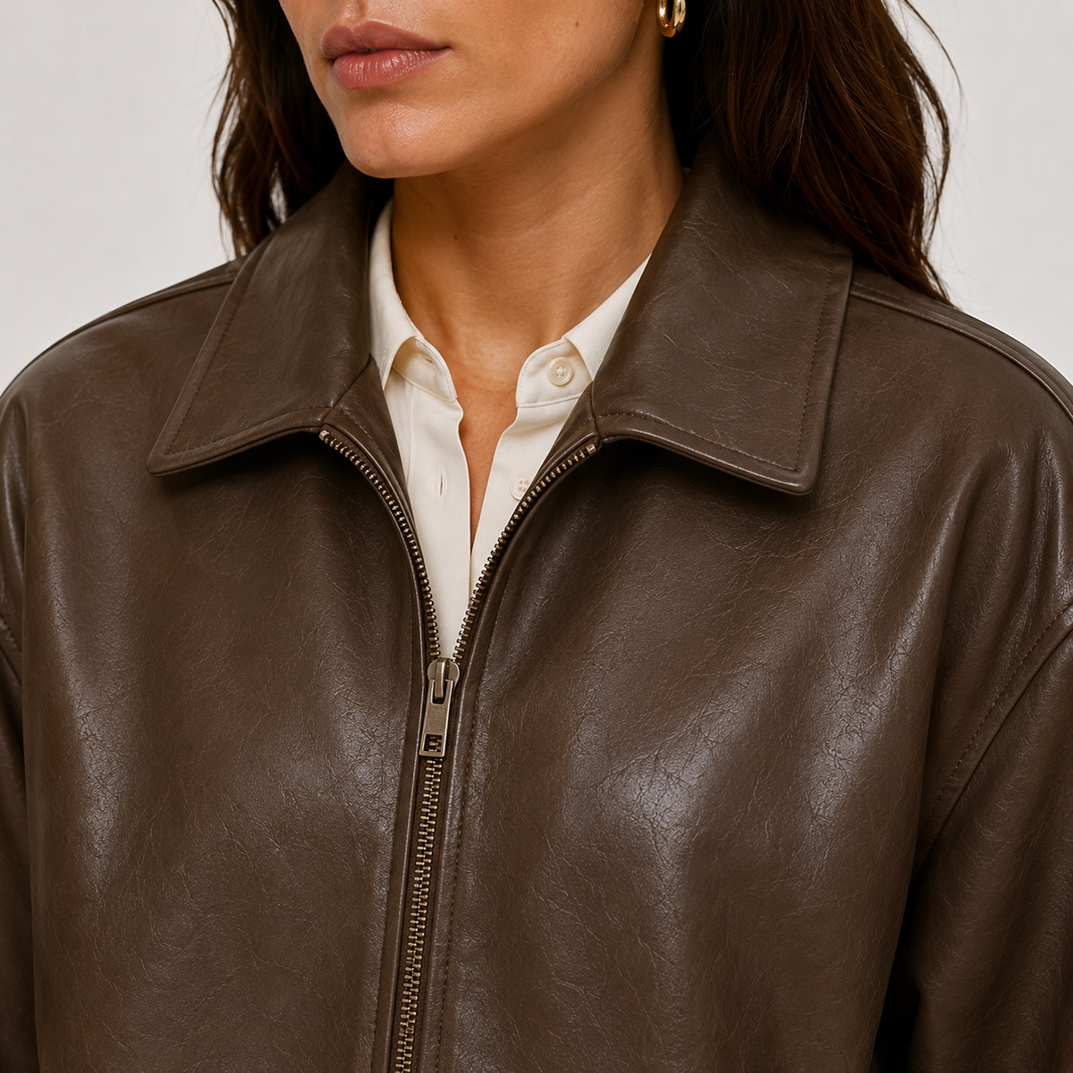 Relaxed Leather Look Jacket, Zip Front Classic Collar
