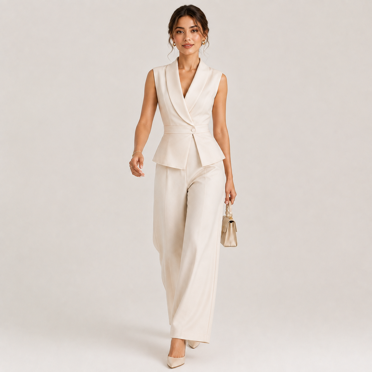 V Neck Two Piece Set, Wide Leg Pants Matching Outfit