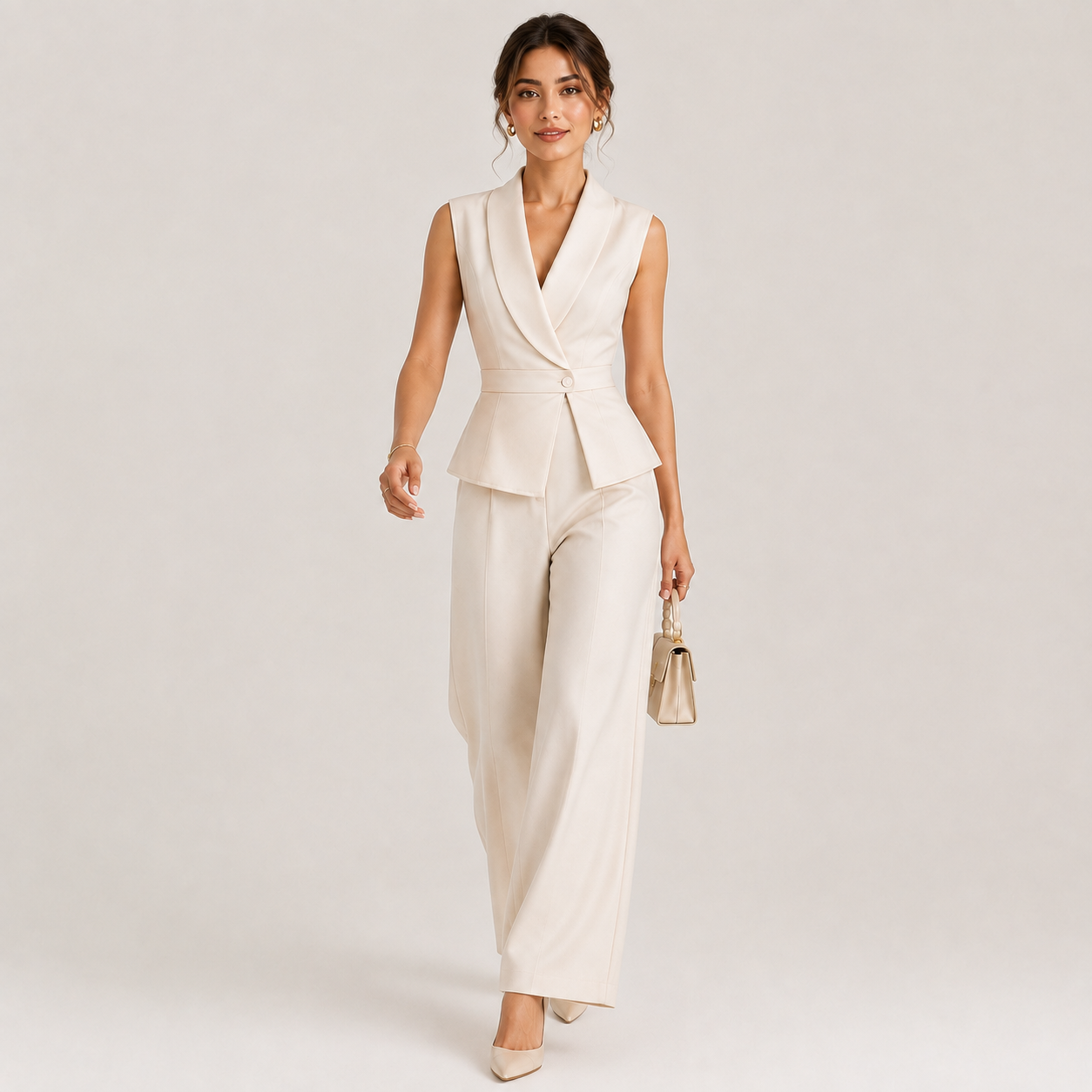 V Neck Two Piece Set, Wide Leg Pants Matching Outfit