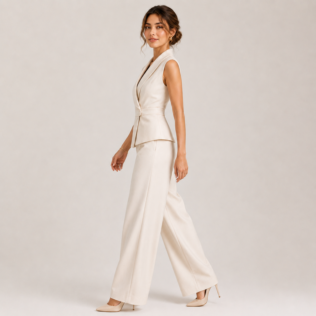 V Neck Two Piece Set, Wide Leg Pants Matching Outfit