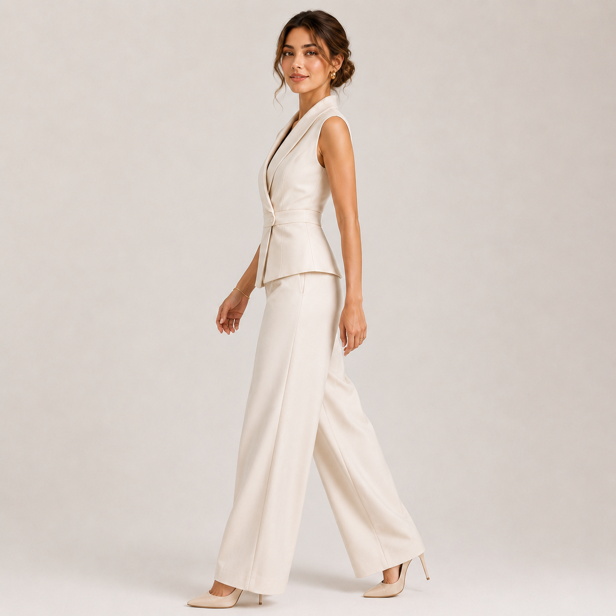 V Neck Two Piece Set, Wide Leg Pants Matching Outfit