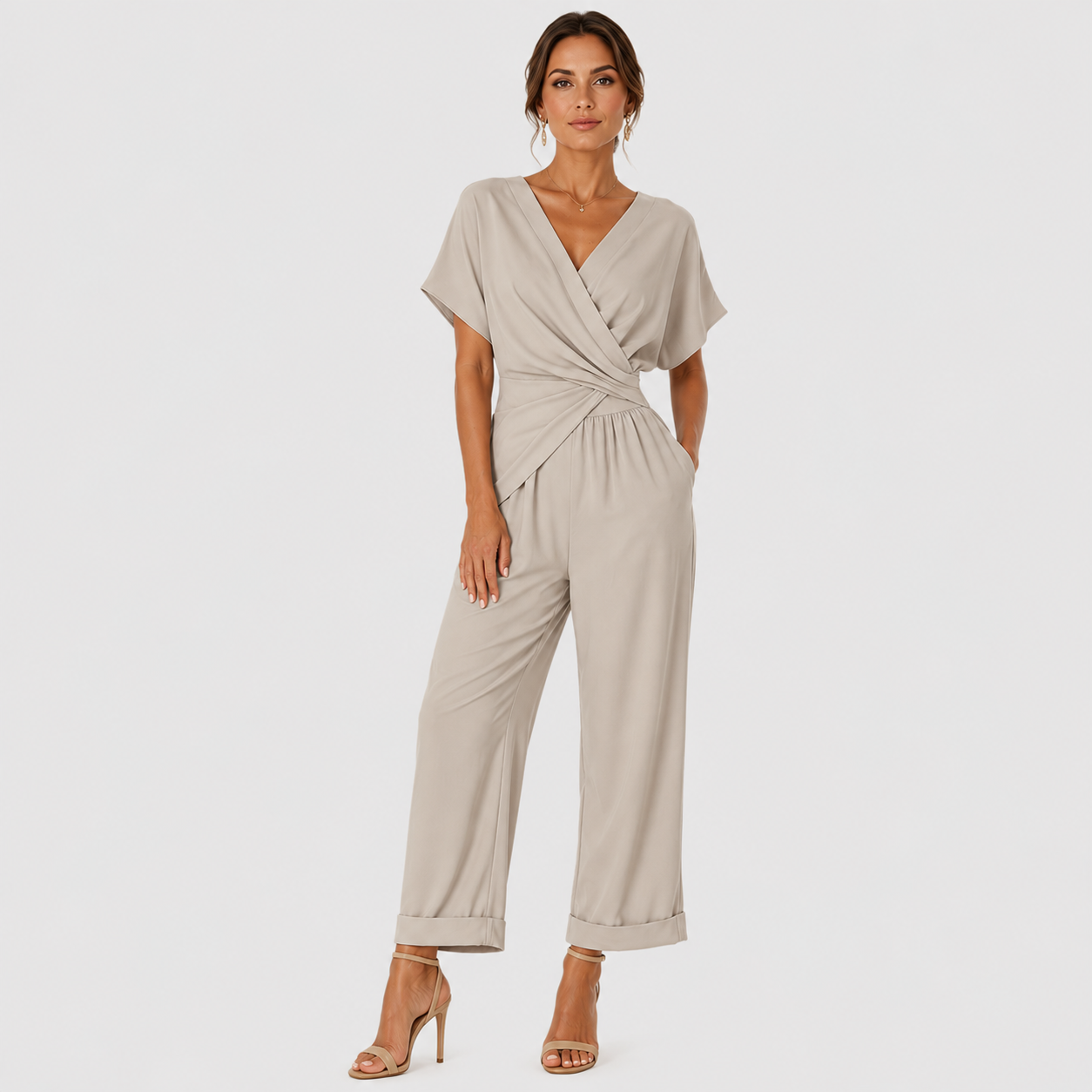 Wrap Front Jumpsuit, Relaxed Wide Leg Vacation Outfit
