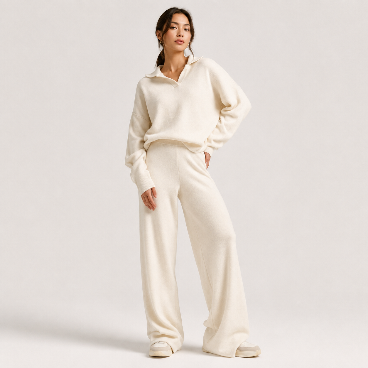 Polo Sweater and Wide Leg Pants Set, Soft Knit Co Ord