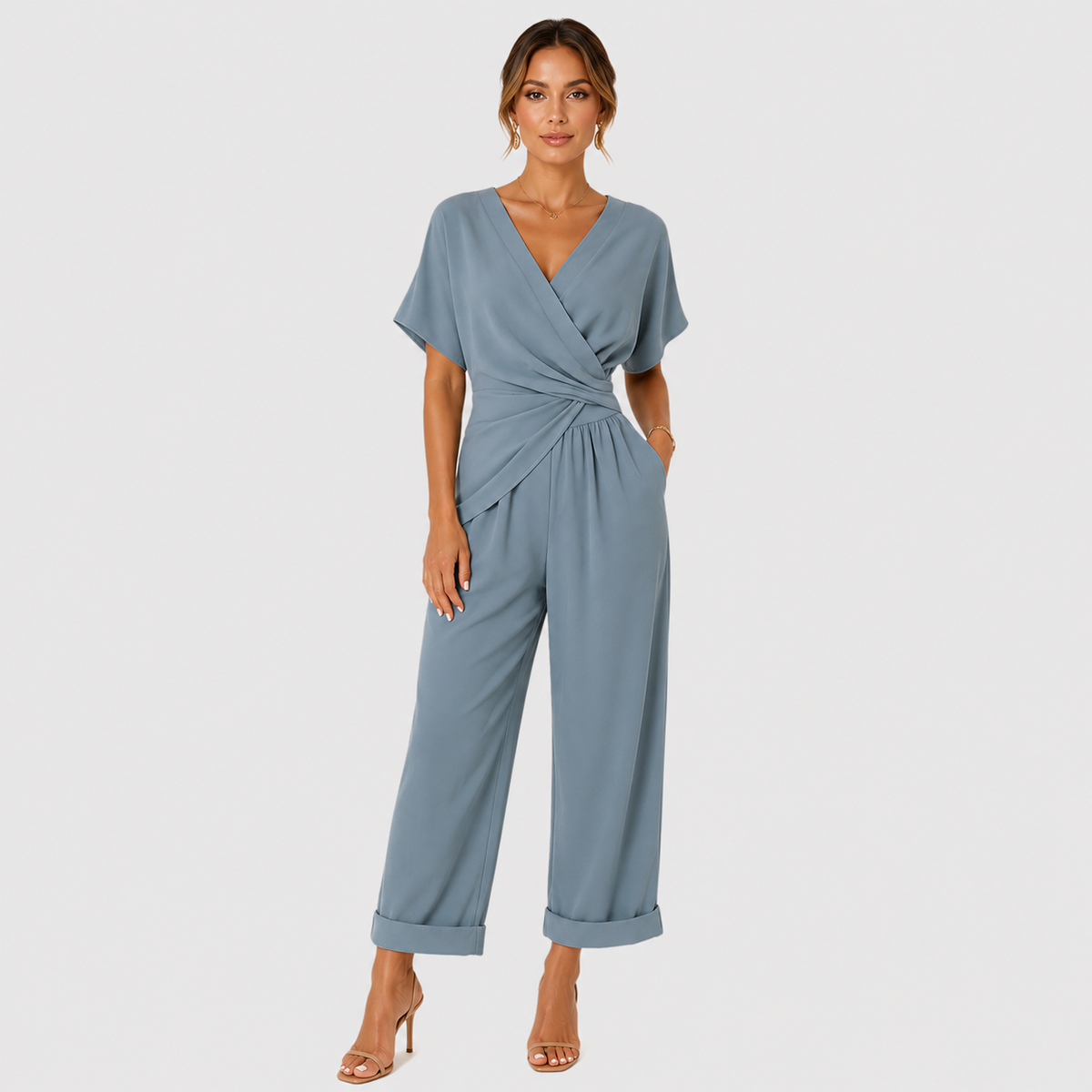 Wrap Front Jumpsuit, Relaxed Wide Leg Vacation Outfit