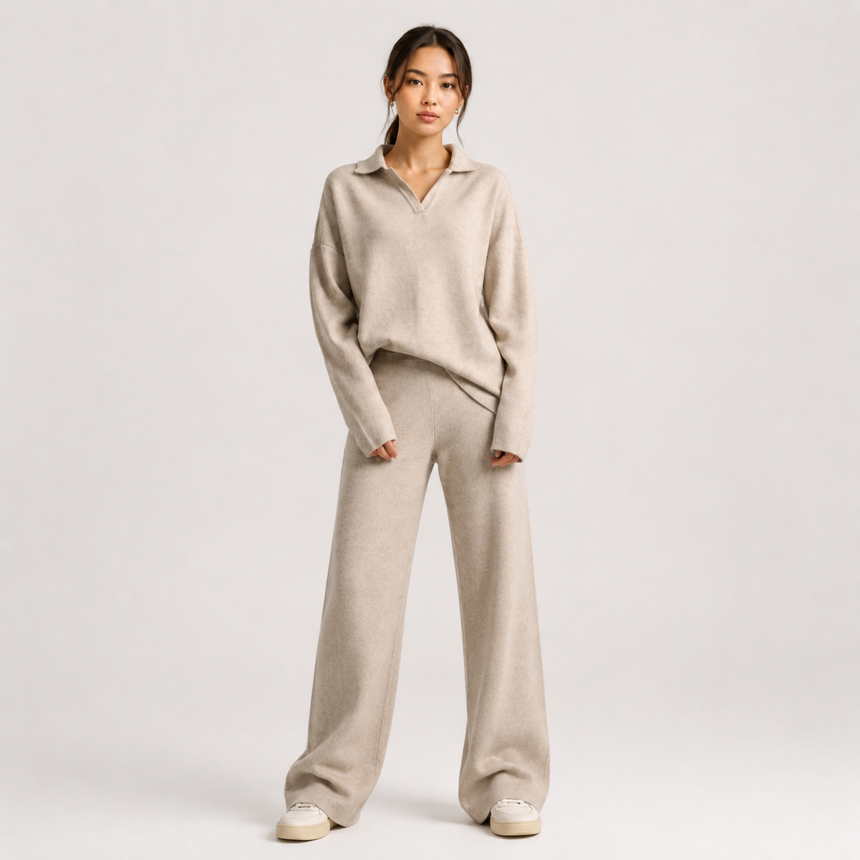 Polo Sweater and Wide Leg Pants Set, Soft Knit Co Ord