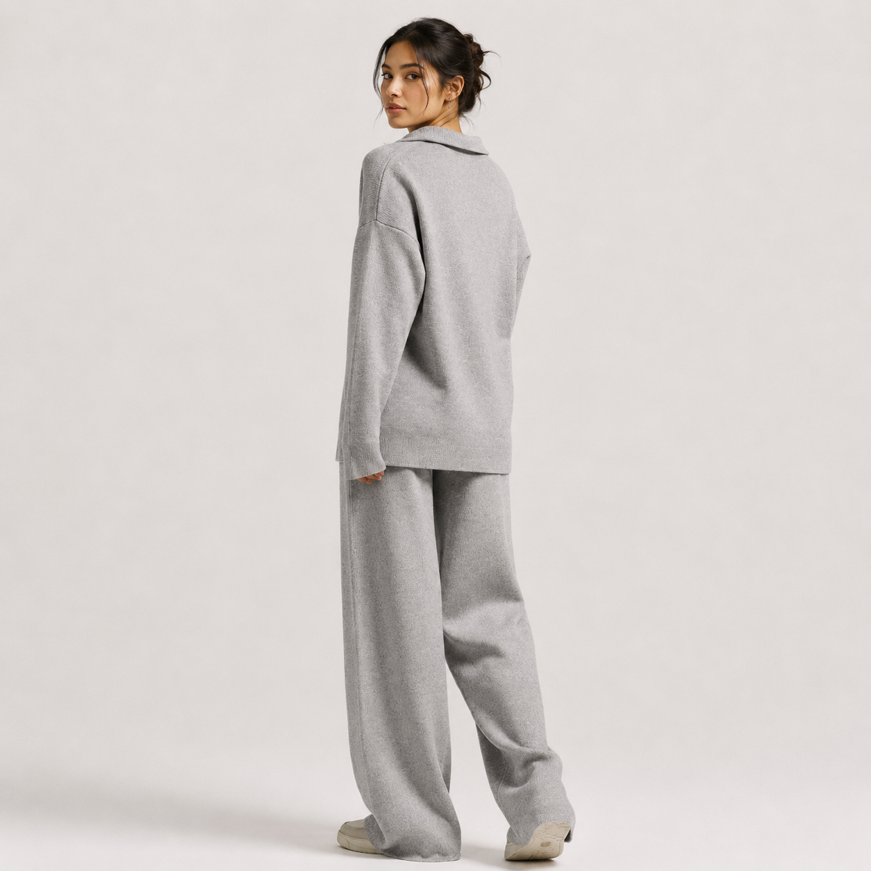 Polo Sweater and Wide Leg Pants Set, Soft Knit Co Ord