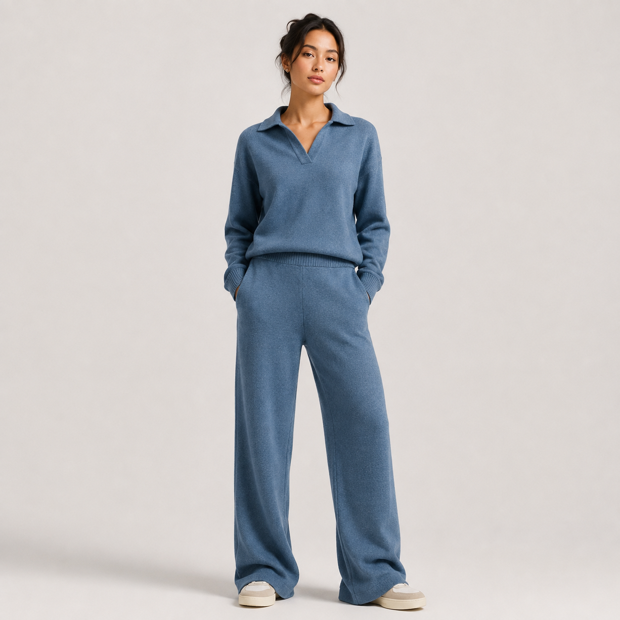 Polo Sweater and Wide Leg Pants Set, Soft Knit Co Ord