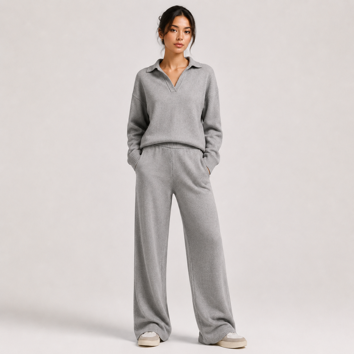 Polo Sweater and Wide Leg Pants Set, Soft Knit Co Ord