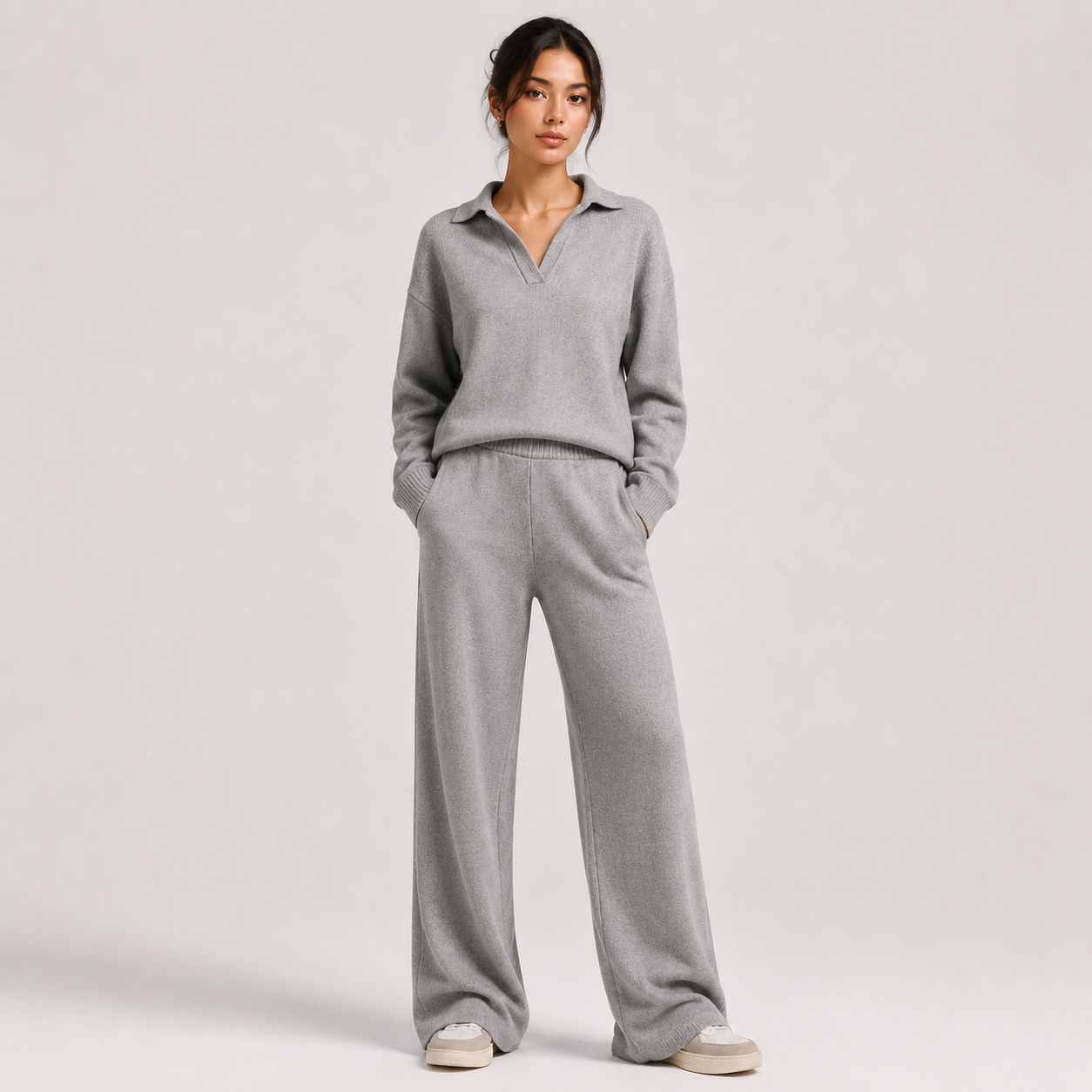 Polo Sweater and Wide Leg Pants Set, Soft Knit Co Ord