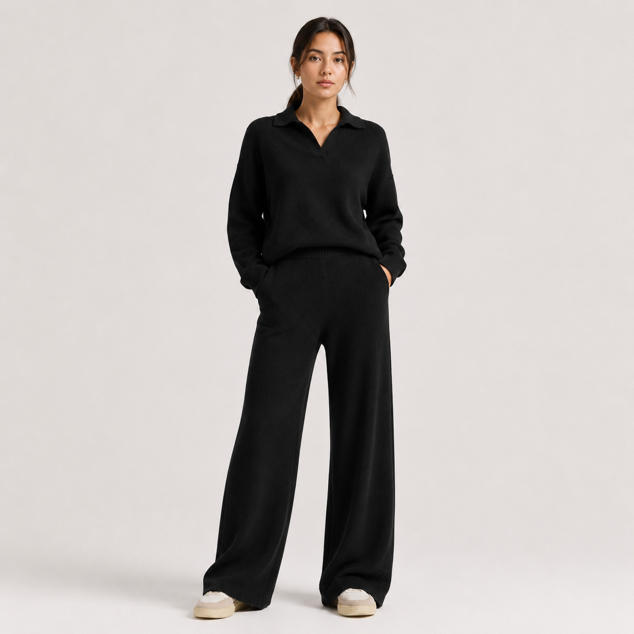 Polo Sweater and Wide Leg Pants Set, Soft Knit Co Ord