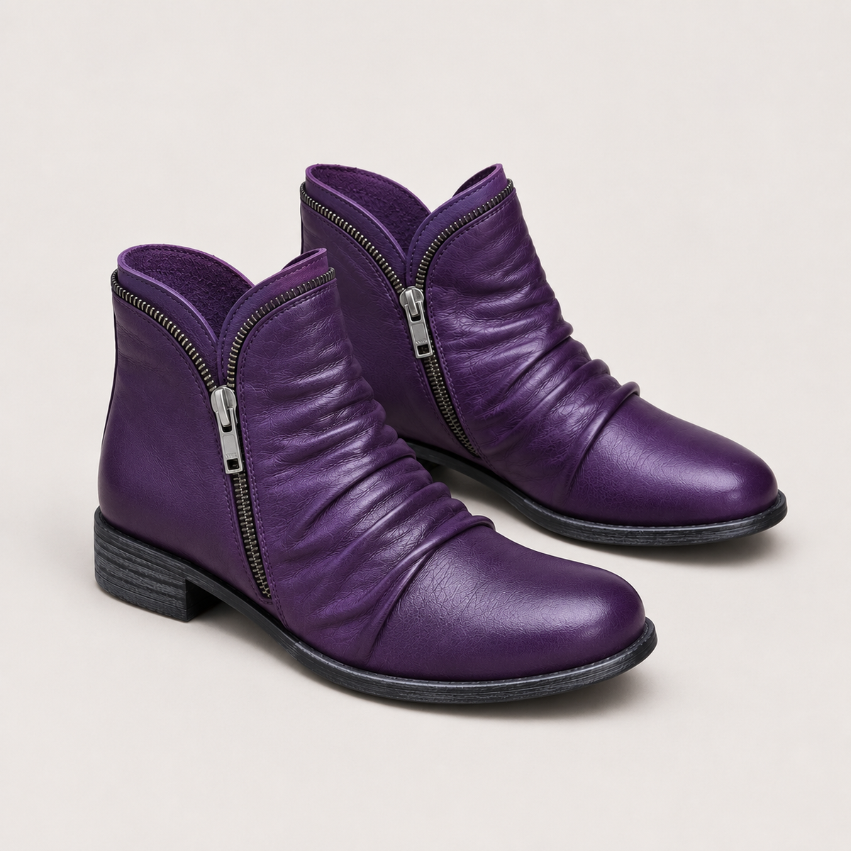 Side Zip Ankle Boots, Low Block Heel Leather Look Cut