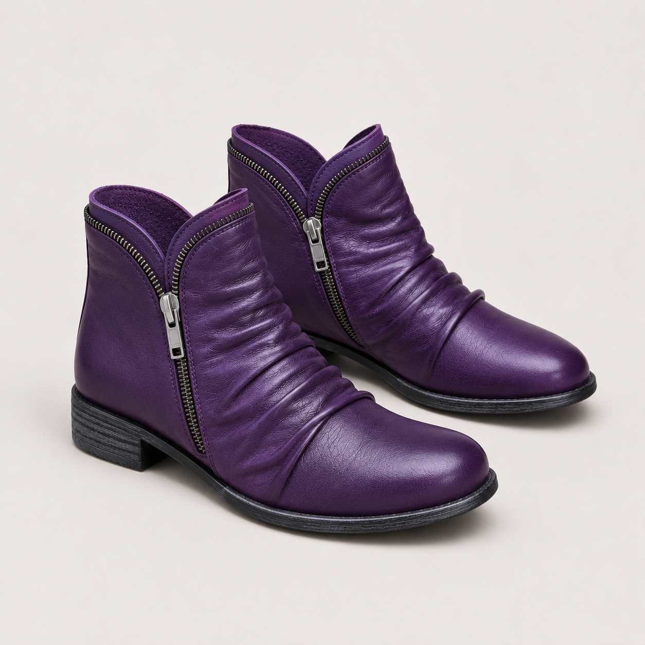 Side Zip Ankle Boots, Low Block Heel Leather Look Cut