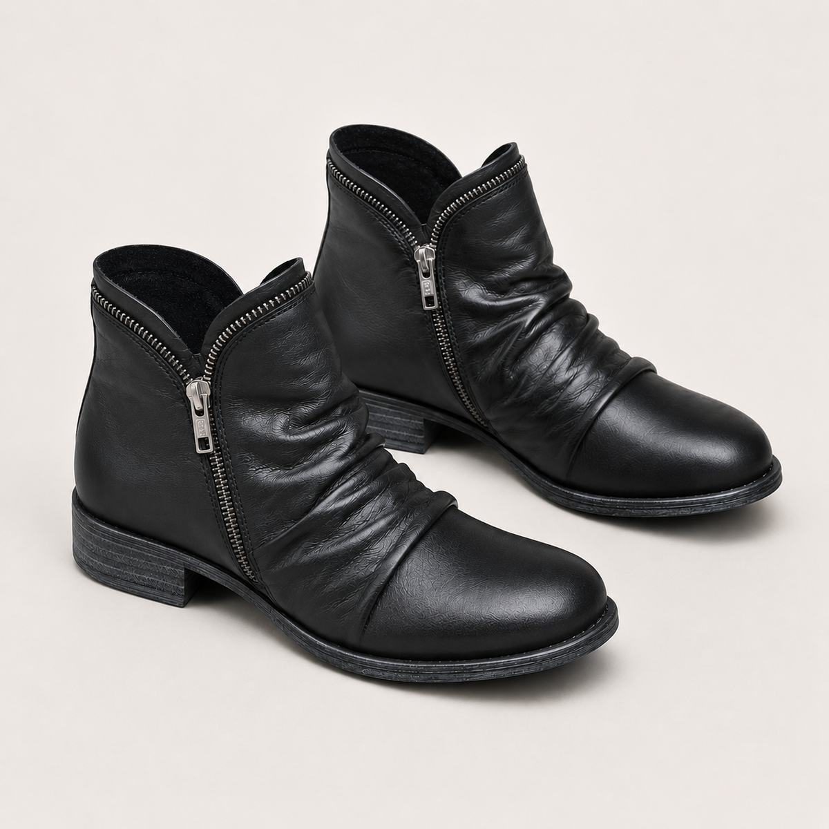 Side Zip Ankle Boots, Low Block Heel Leather Look Cut