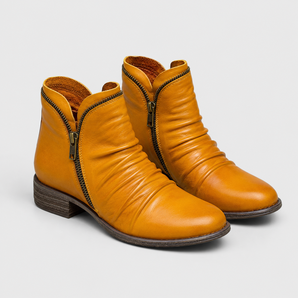 Side Zip Ankle Boots, Low Block Heel Leather Look Cut