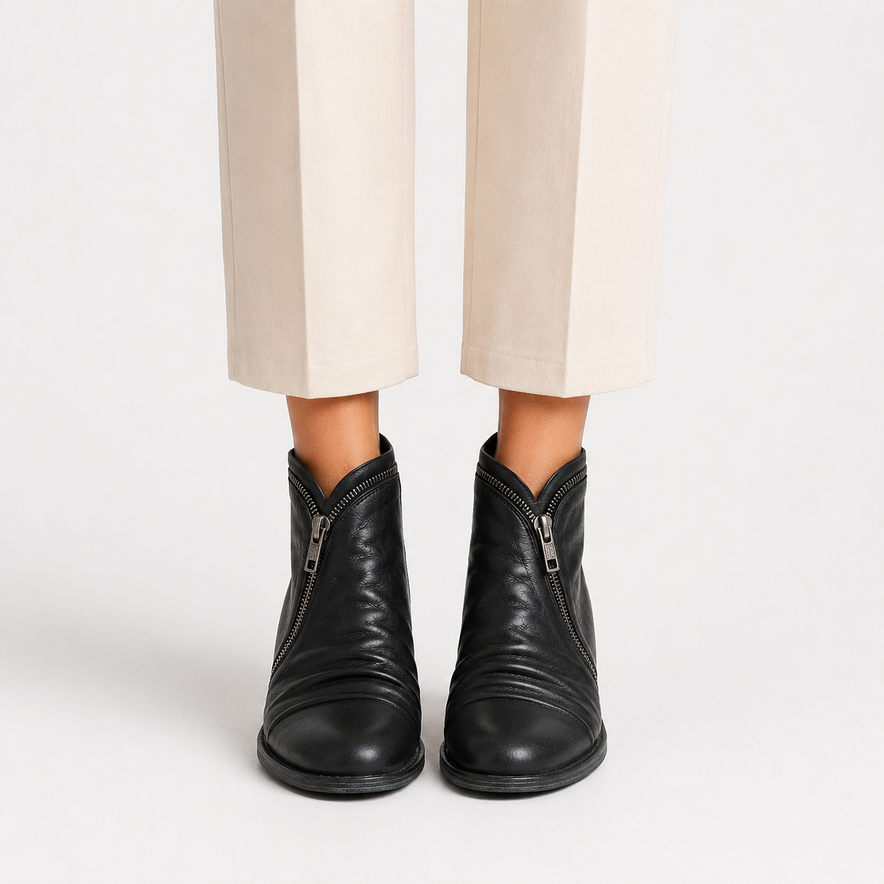 Side Zip Ankle Boots, Low Block Heel Leather Look Cut