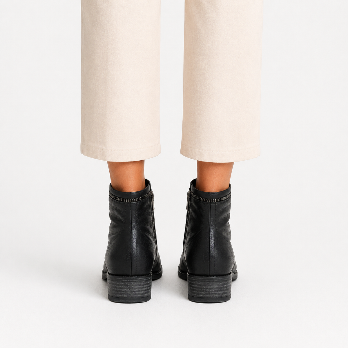 Side Zip Ankle Boots, Low Block Heel Leather Look Cut