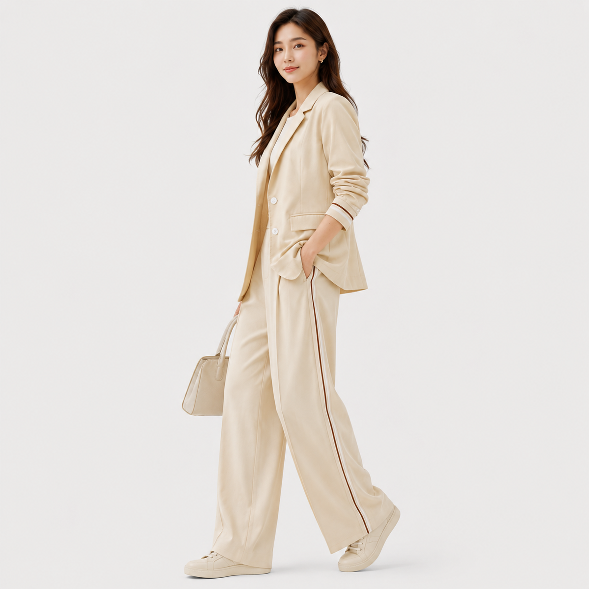 Tailored Blazer and Wide Leg Trouser Set, Beige Suit