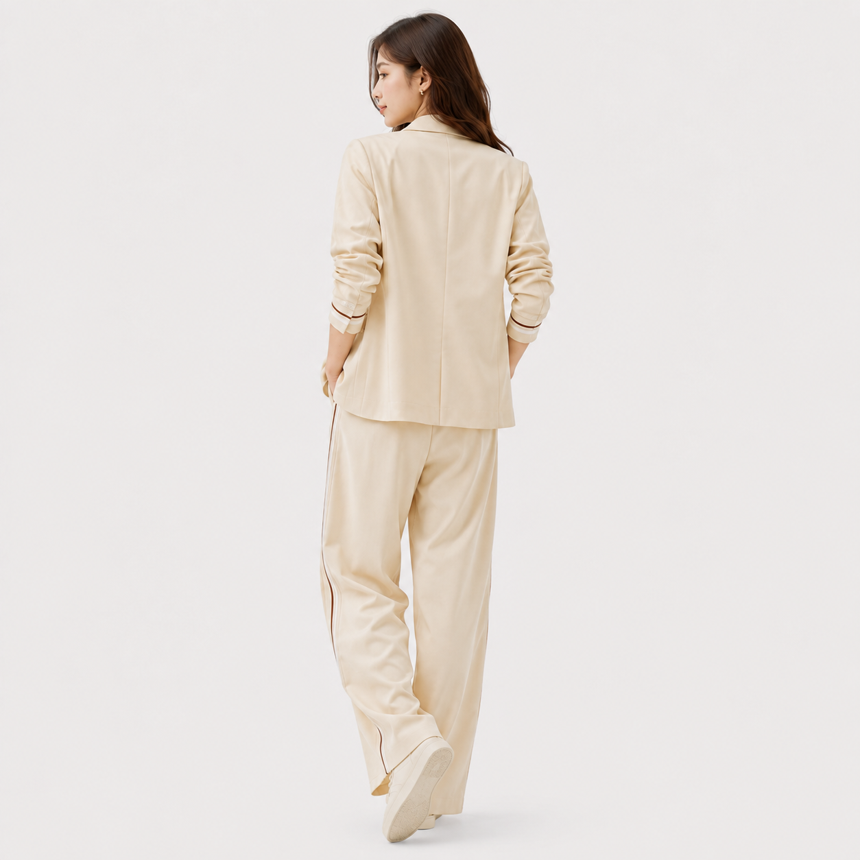Tailored Blazer and Wide Leg Trouser Set, Beige Suit