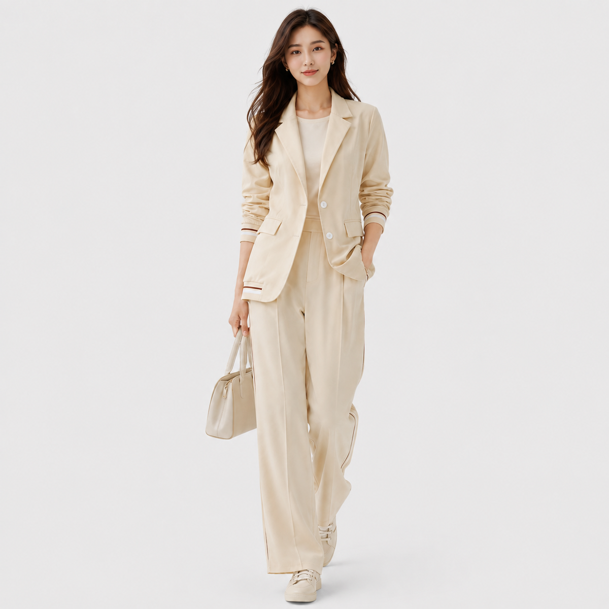 Tailored Blazer and Wide Leg Trouser Set, Beige Suit