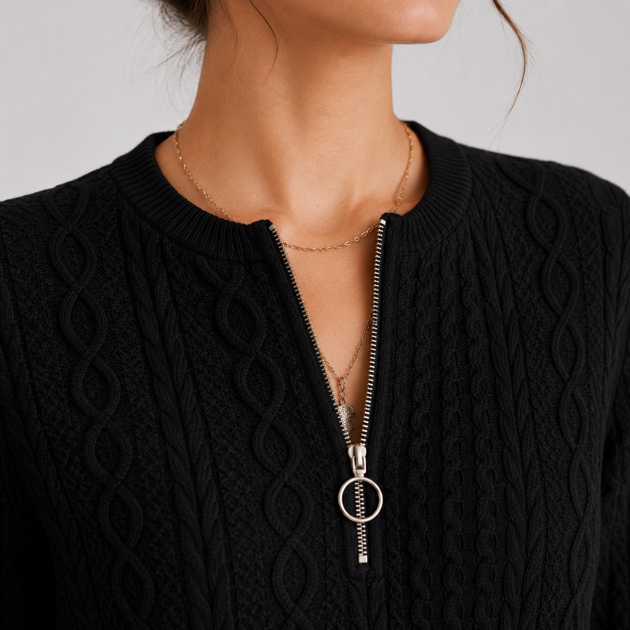 Zip Collar Knit Sweater, Lightweight Long Sleeve Top