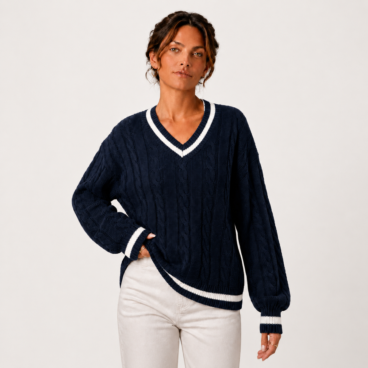 Cable Knit Sweater, V Neck Long Sleeve Pullover Top
