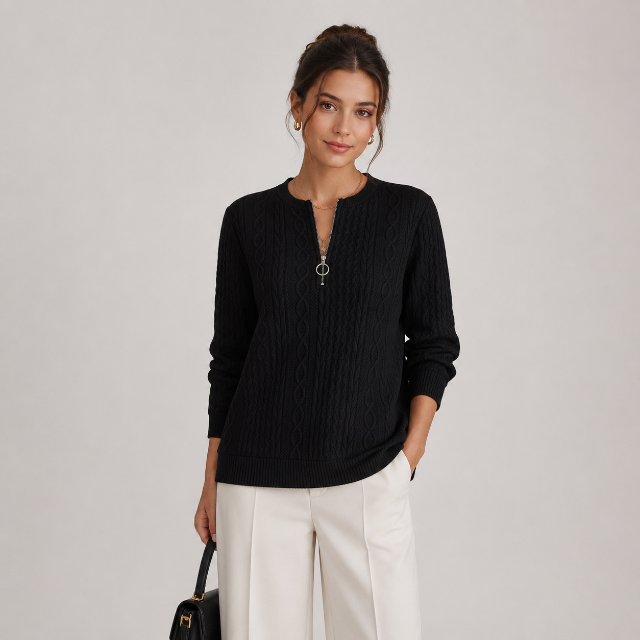 Zip Collar Knit Sweater, Lightweight Long Sleeve Top