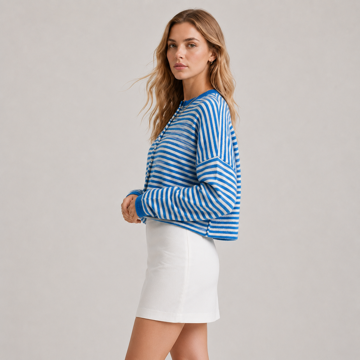 Relaxed Fit Striped Cardigan, Soft Knit Open Layer