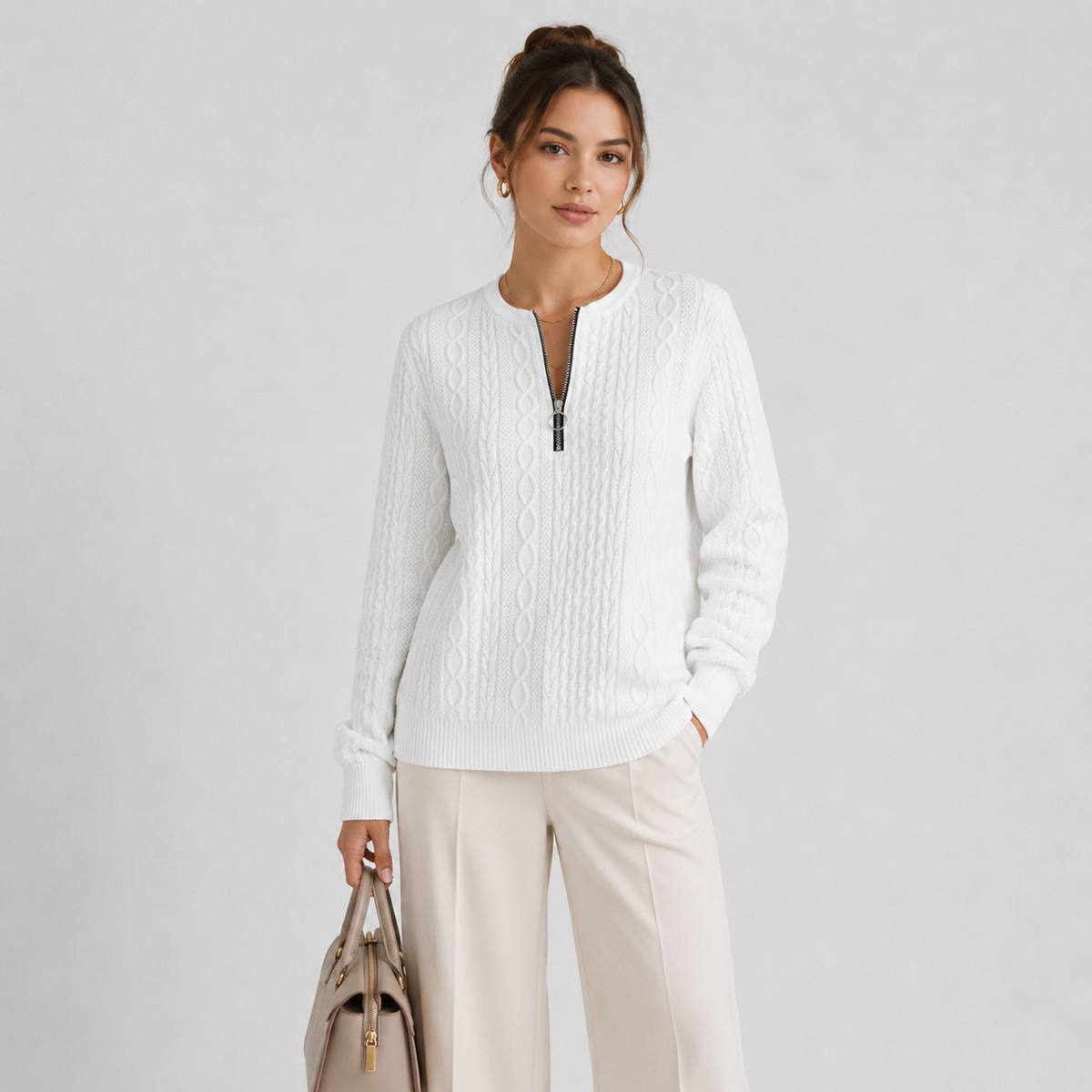 Zip Collar Knit Sweater, Lightweight Long Sleeve Top