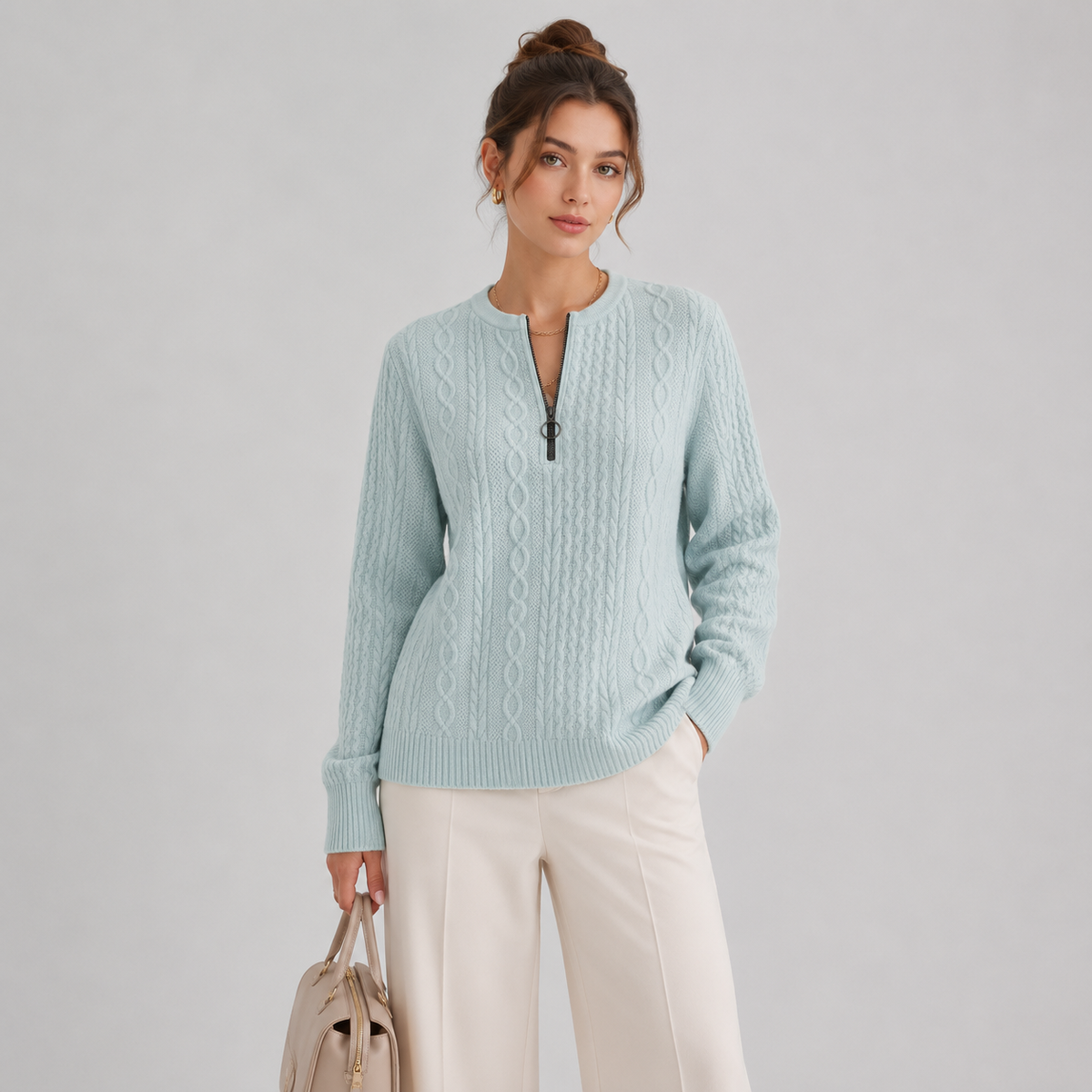 Zip Collar Knit Sweater, Lightweight Long Sleeve Top