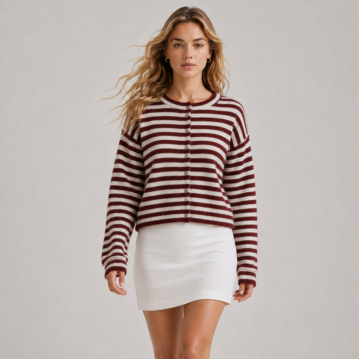 Relaxed Fit Striped Cardigan, Soft Knit Open Layer