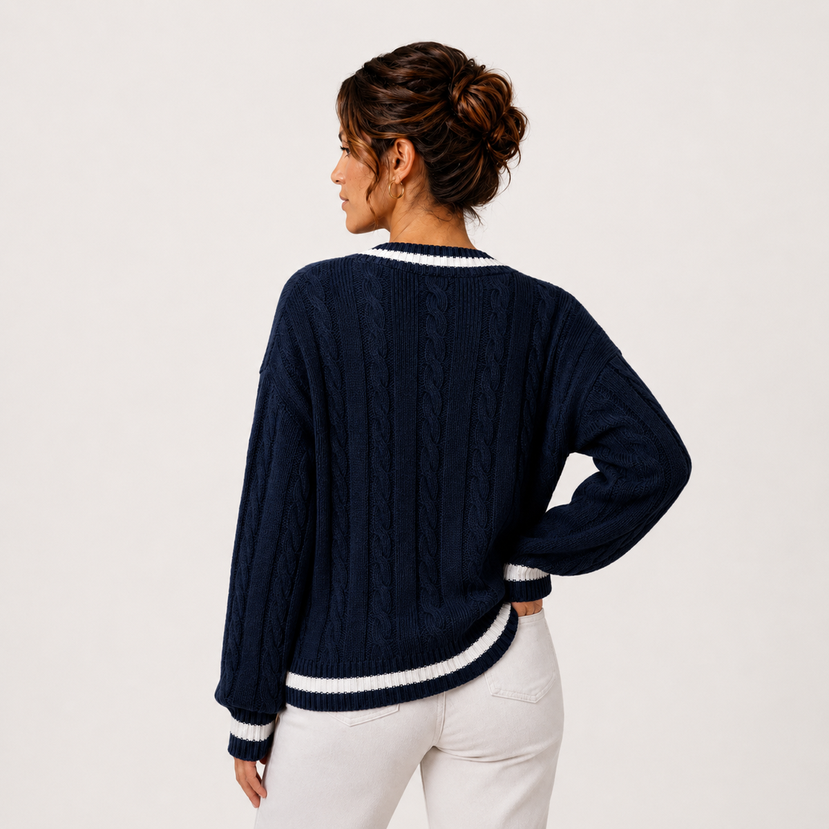 Cable Knit Sweater, V Neck Long Sleeve Pullover Top