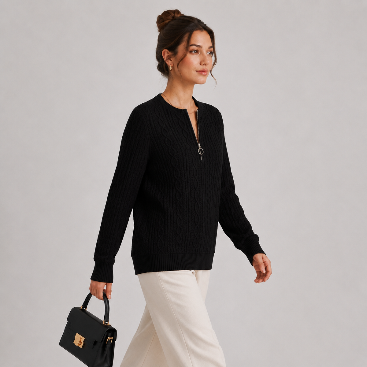 Zip Collar Knit Sweater, Lightweight Long Sleeve Top