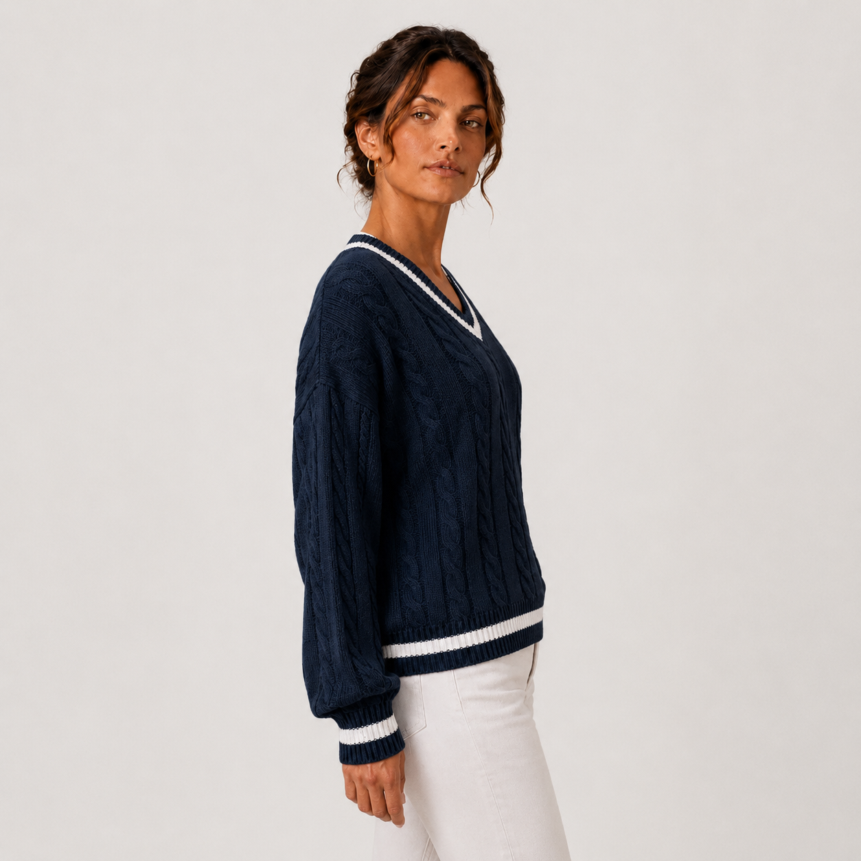 Cable Knit Sweater, V Neck Long Sleeve Pullover Top