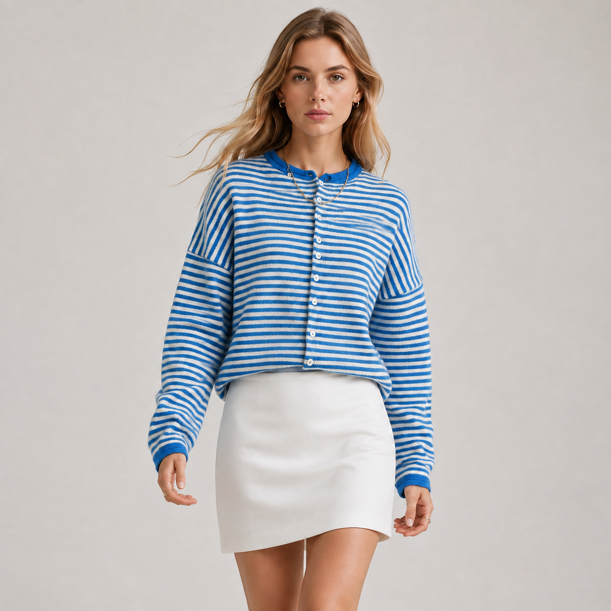 Relaxed Fit Striped Cardigan, Soft Knit Open Layer