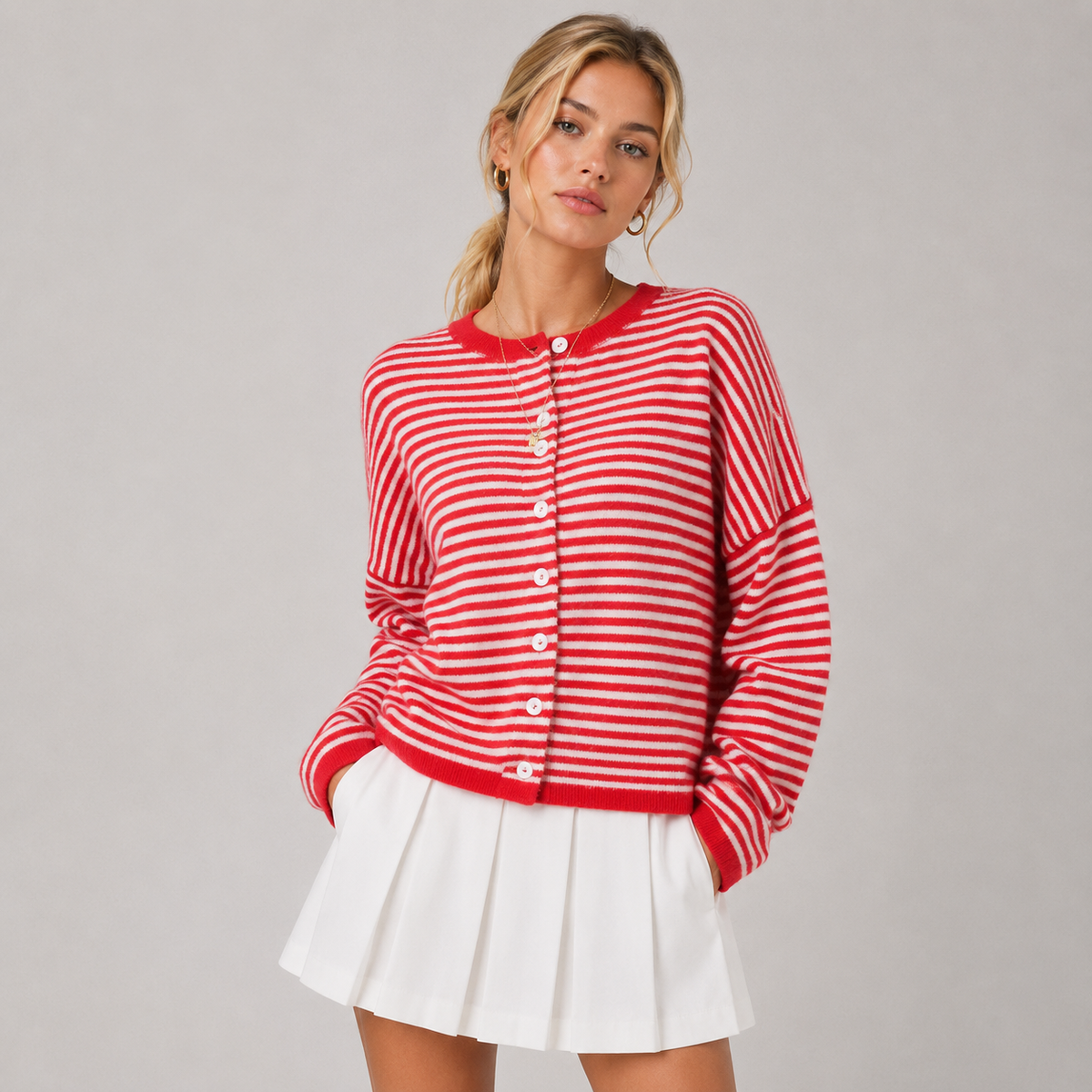 Relaxed Fit Striped Cardigan, Soft Knit Open Layer