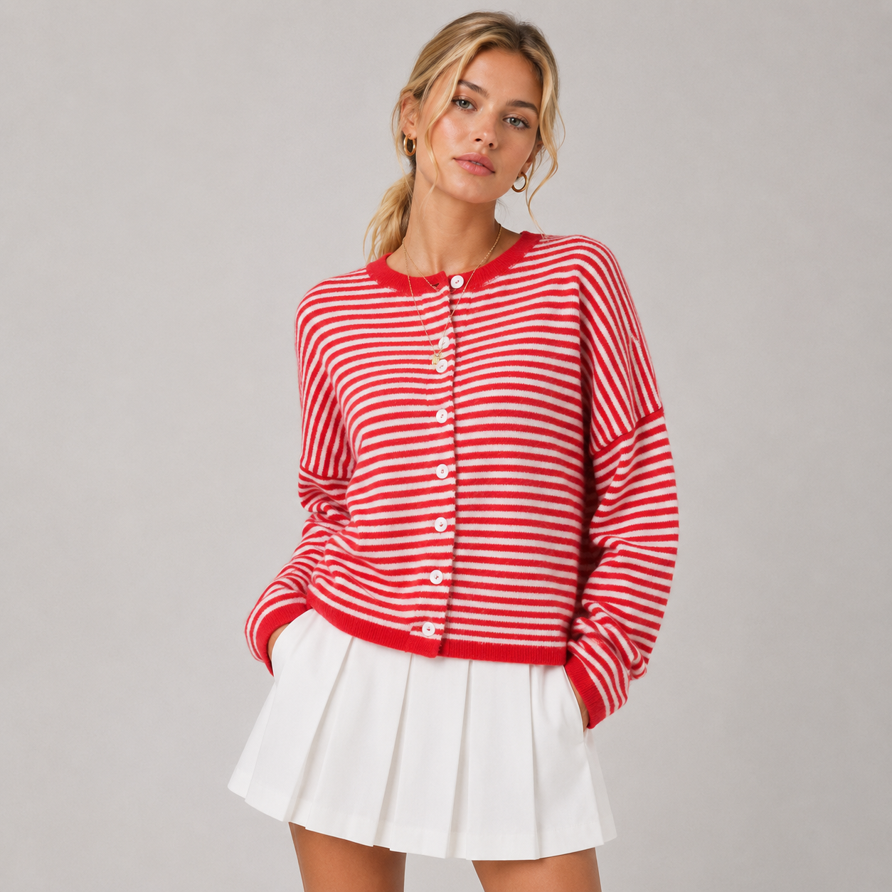 Relaxed Fit Striped Cardigan, Soft Knit Open Layer