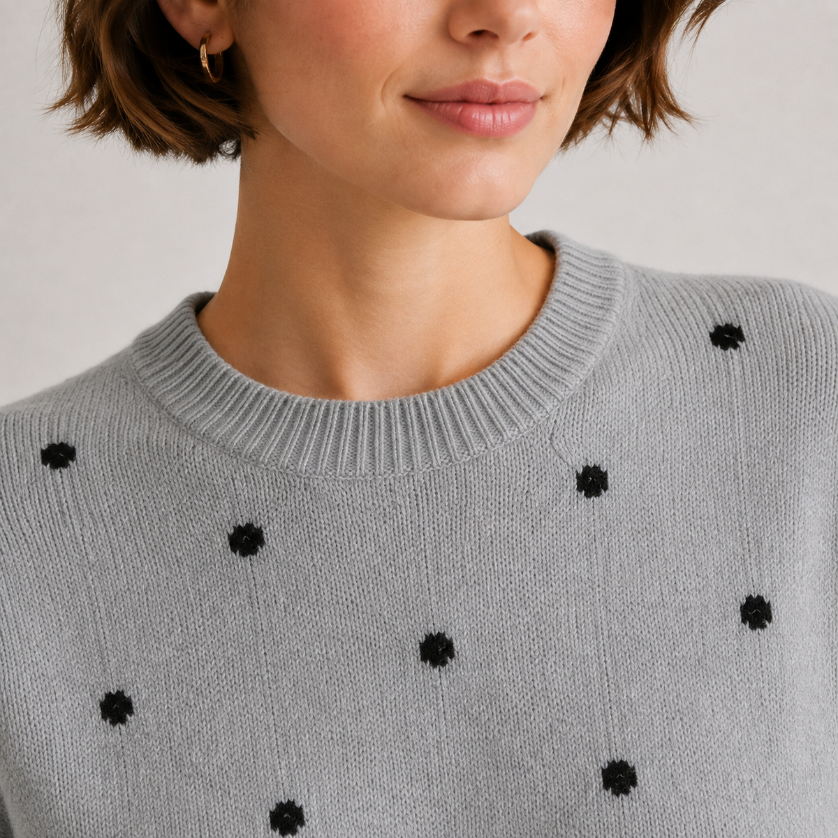 Polka Dot Knit Sweater, Crew Neck Casual Knit Pullover