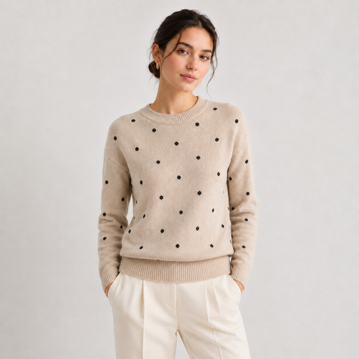 Polka Dot Knit Sweater, Crew Neck Casual Knit Pullover