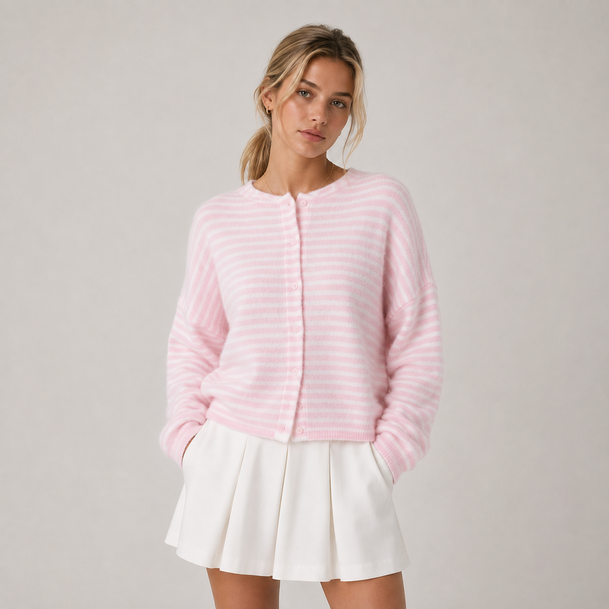 Relaxed Fit Striped Cardigan, Soft Knit Open Layer