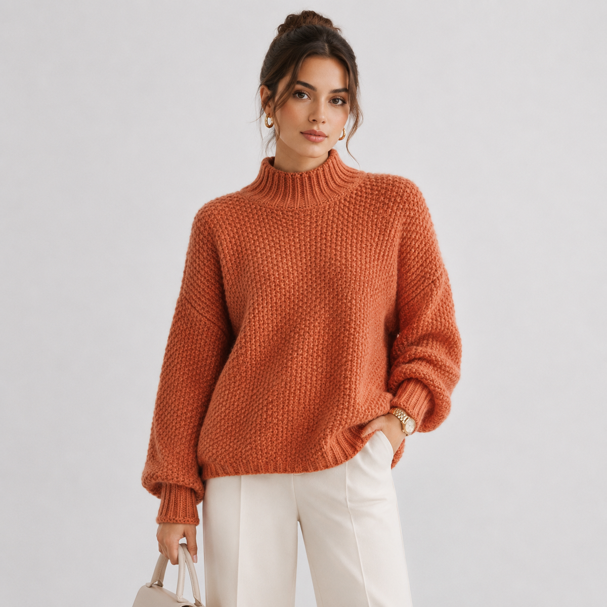 Relaxed Fit Knit Sweater, Long Sleeve Soft Pullover