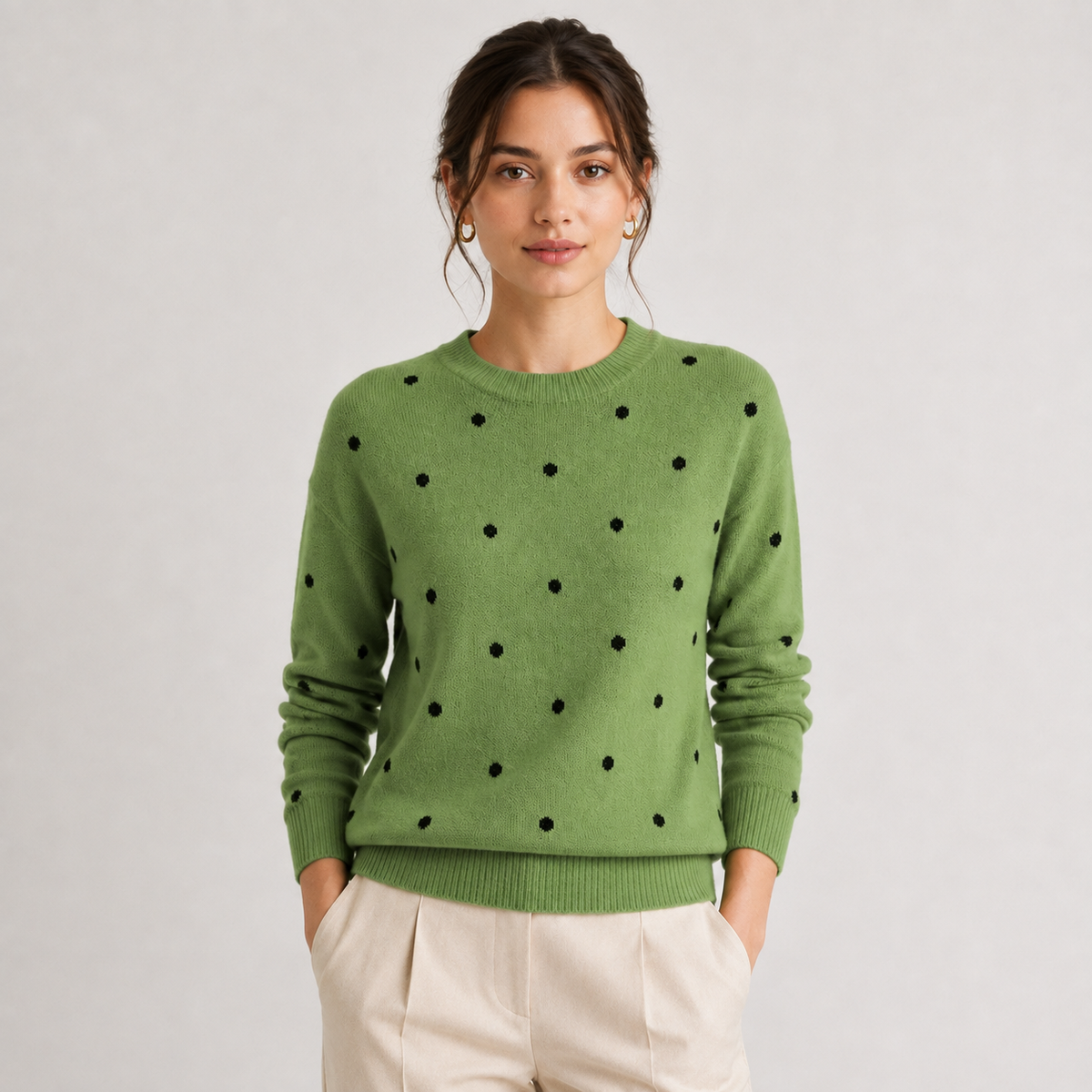 Polka Dot Knit Sweater, Crew Neck Casual Knit Pullover