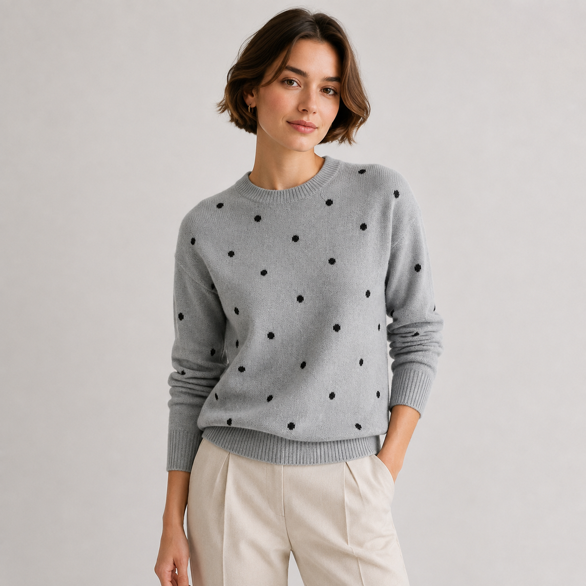 Polka Dot Knit Sweater, Crew Neck Casual Knit Pullover