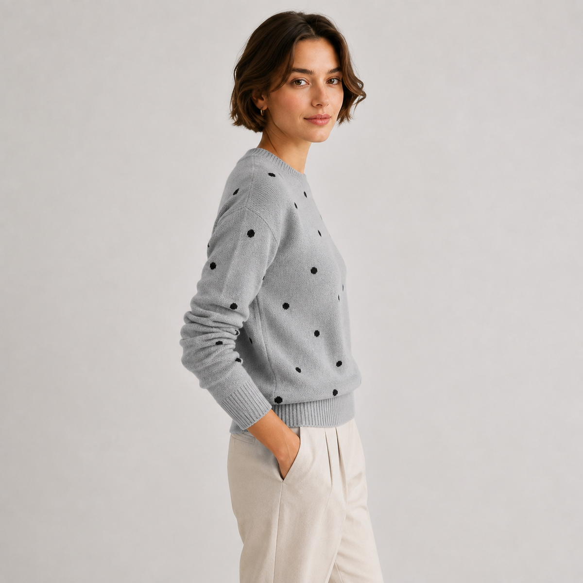 Polka Dot Knit Sweater, Crew Neck Casual Knit Pullover
