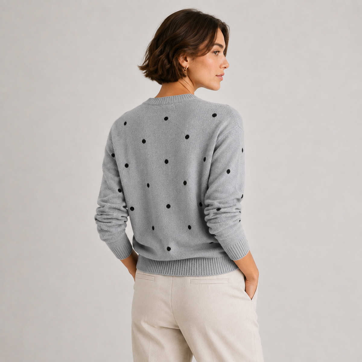 Polka Dot Knit Sweater, Crew Neck Casual Knit Pullover