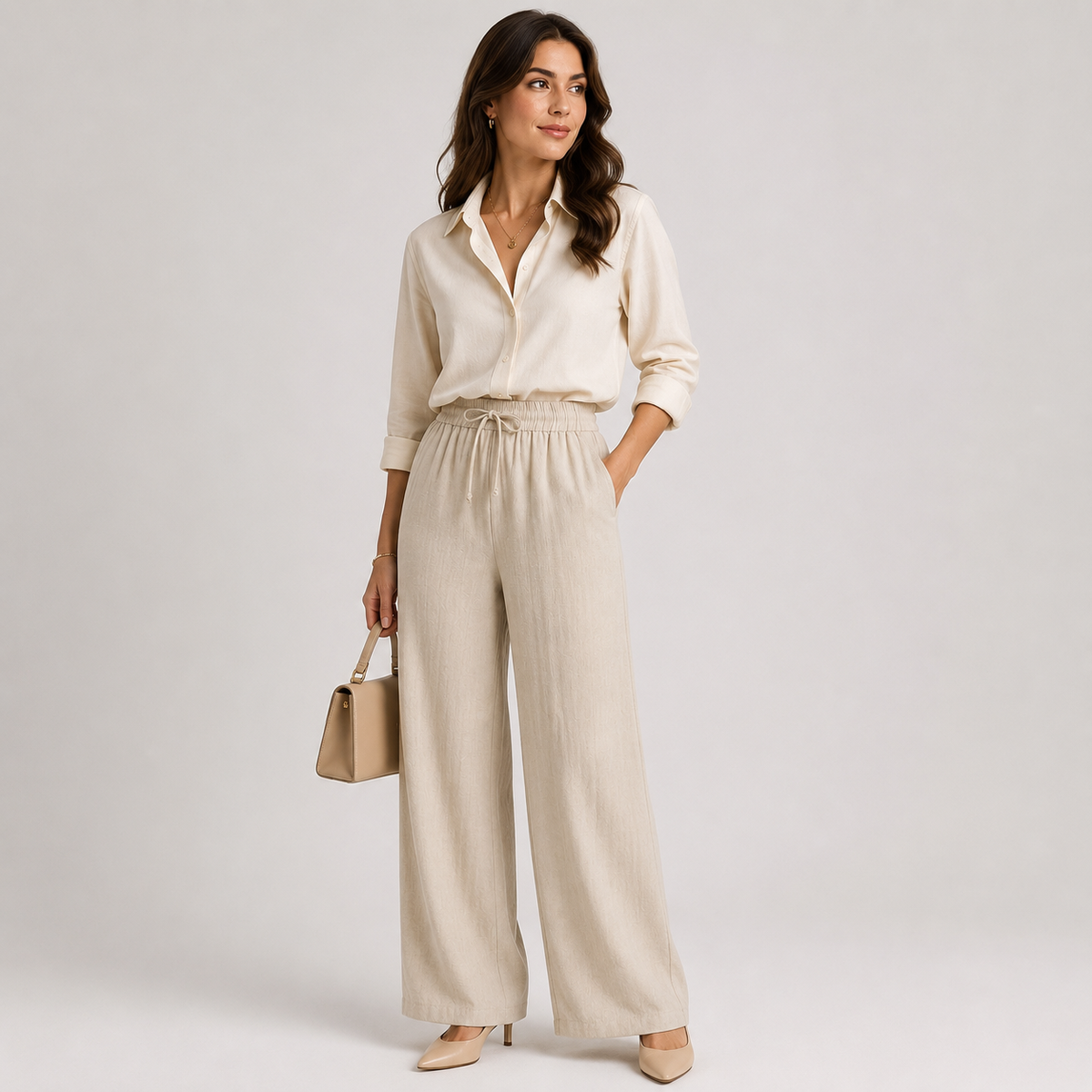 Wide Leg Linen Look Trousers, Elastic Waist Relaxed