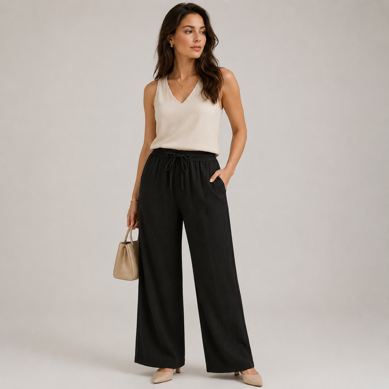 Wide Leg Linen Look Trousers, Elastic Waist Relaxed