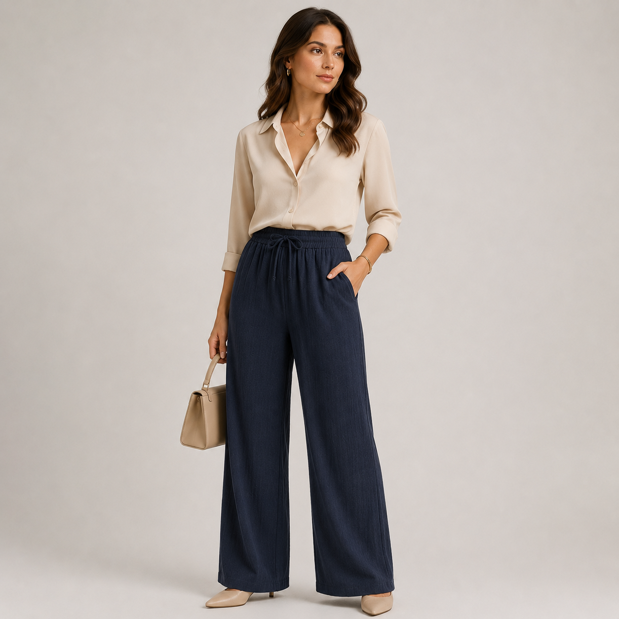 Wide Leg Linen Look Trousers, Elastic Waist Relaxed